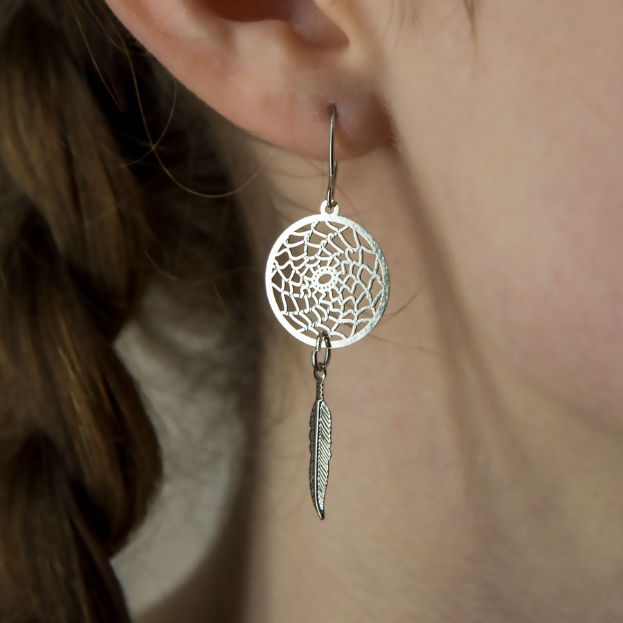 Silver Stainless Steel Dream Catcher Earrings with Feather Dangle